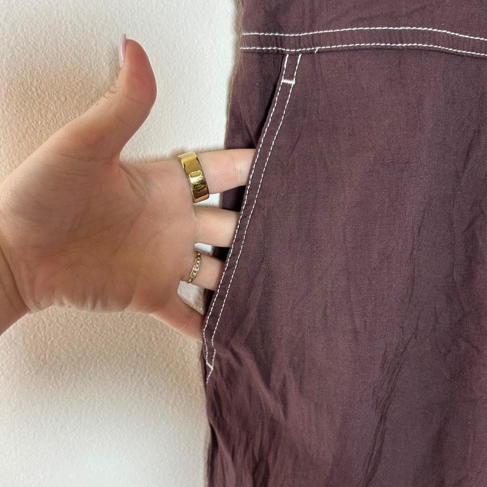 Maeve Anthropologie Colette Jumpsuit Brown Contrast Stitch Wide Leg Button ‎ 4 - Picture 4 of 9